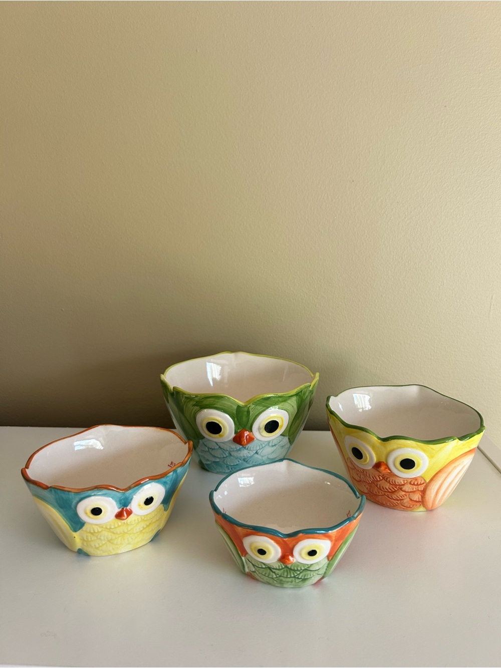 Pier 1 Owl Nesting Ceramic Measuring Cups Set of 4 Multicolor Bowls